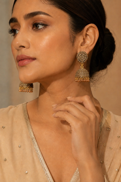 Golden Jhumka Earrings with Tiny Stone Detailing | Premium Ethnic Jewelry