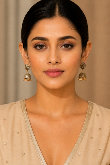 Golden Jhumka Earrings with Tiny Stone Detailing | Premium Ethnic Jewelry