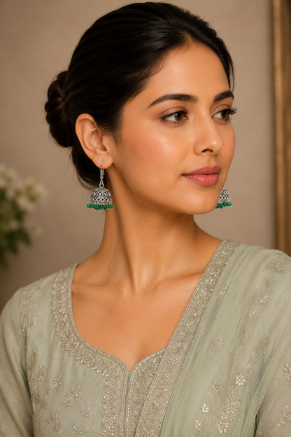 Ocean Green Pearl Drop Jhumkas ER 12 | Closetsecrets