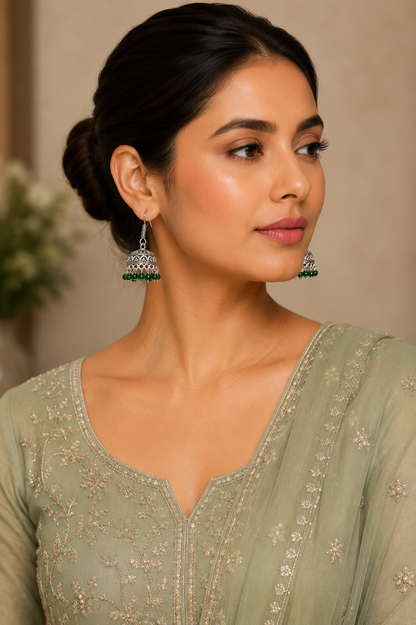 Green Pearl Drop Jhumkas ER 13 | Closetsecrets