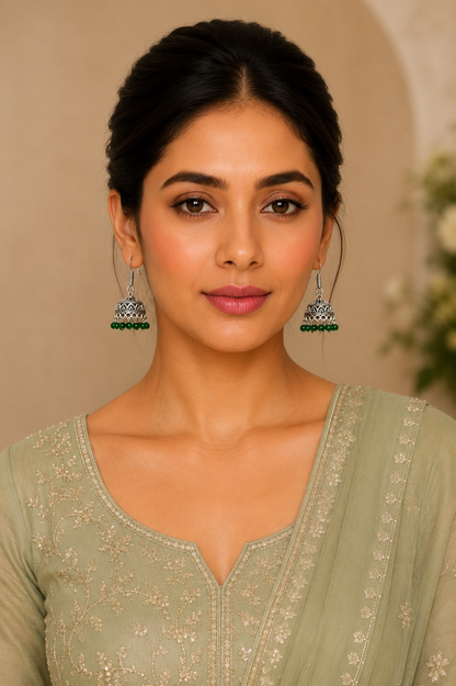 Green Pearl Drop Jhumkas ER 13 | Closetsecrets