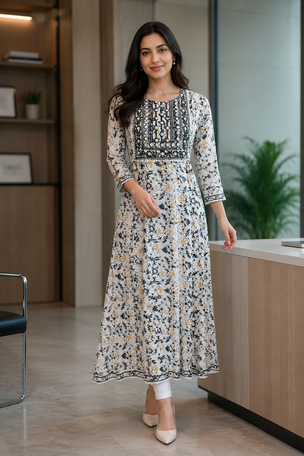 White Rayon Cotton Anarkali Suit – Delicate Jingle Detailing
