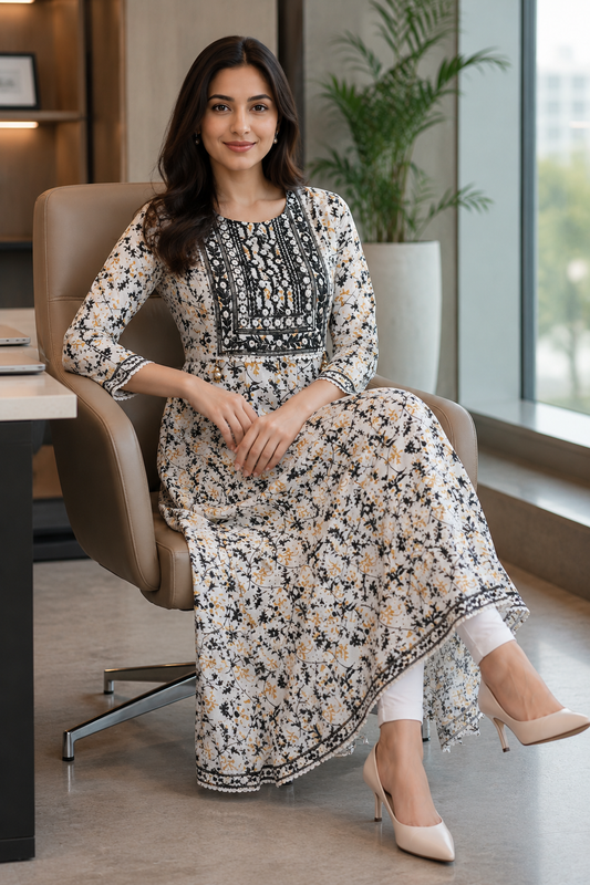 White Rayon Cotton Anarkali Suit – Delicate Jingle Detailing