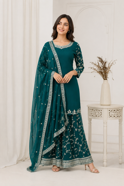 Green Embroidered Georgette Top, Palazzo & Dupatta