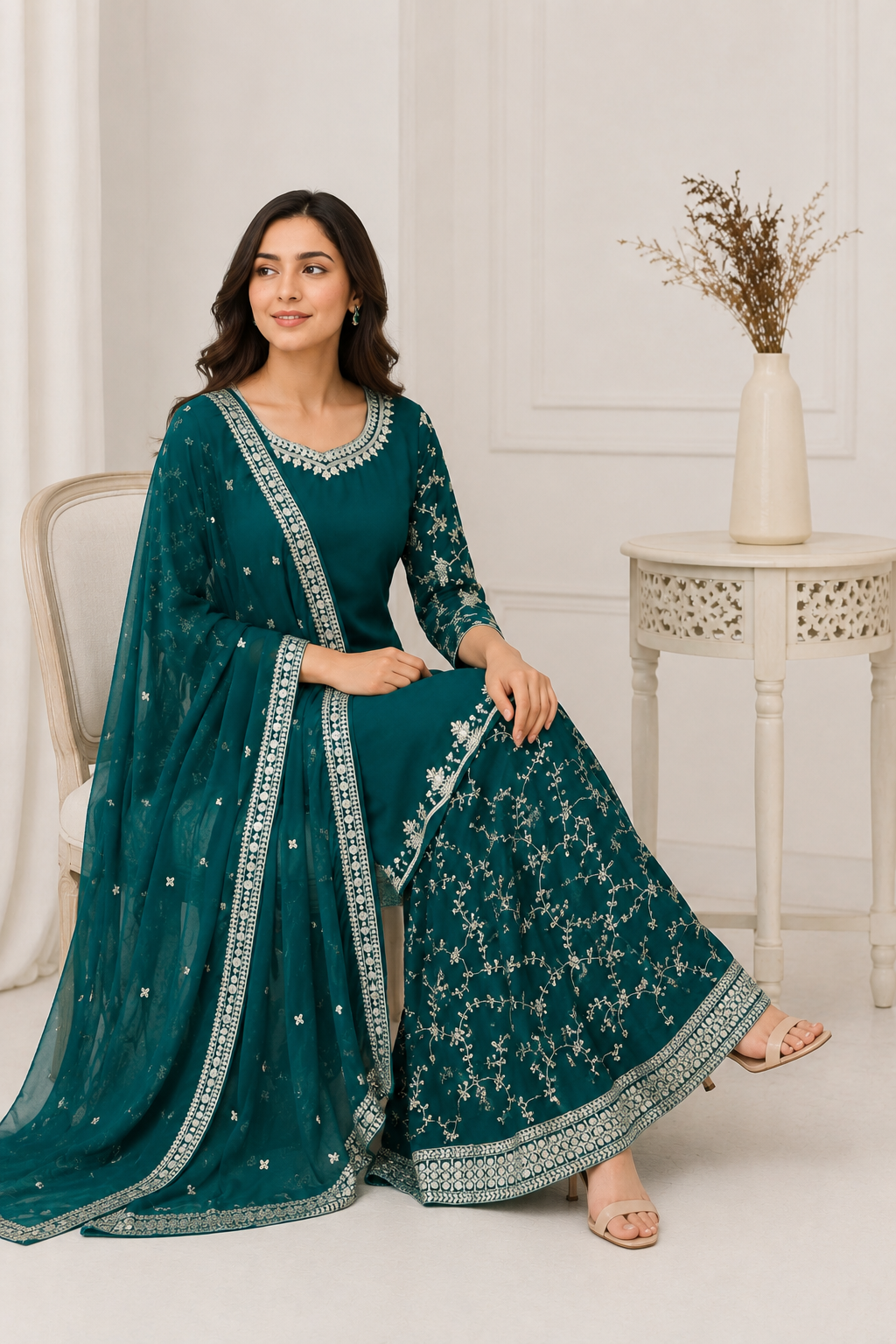 Green Embroidered Georgette Top, Palazzo & Dupatta