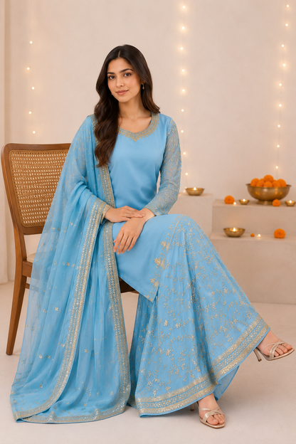 Blue Embroidered Georgette Top, Palazzo & Dupatta