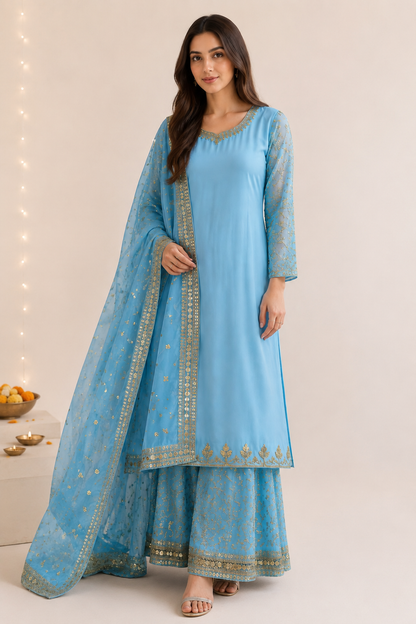 Blue Embroidered Georgette Top, Palazzo & Dupatta