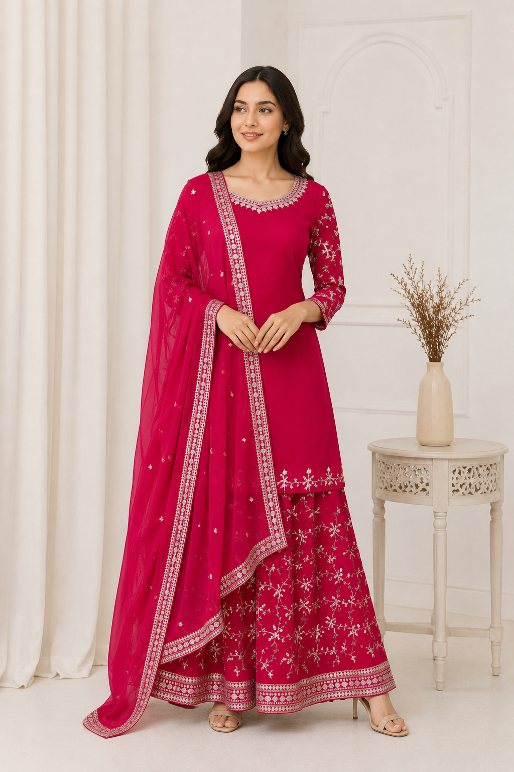 Magenta Embroidered Georgette Top, Palazzo & Dupatta