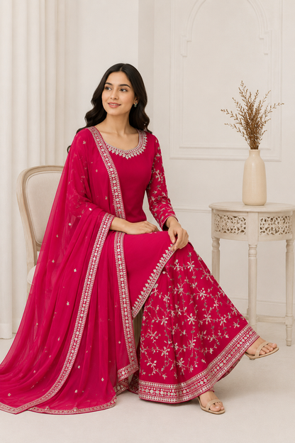 Magenta Embroidered Georgette Top, Palazzo & Dupatta