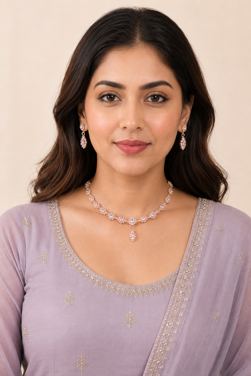 Light Pink Floral Necklace with Teardrop Pendant - NL 14  | Closetsecrets