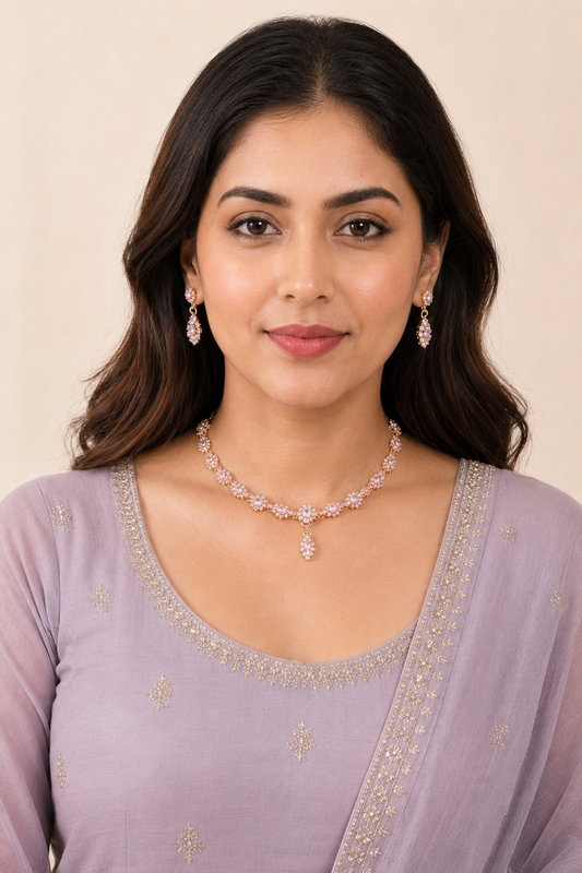 Light Pink Floral Necklace with Teardrop Pendant - NL 14  | Closetsecrets