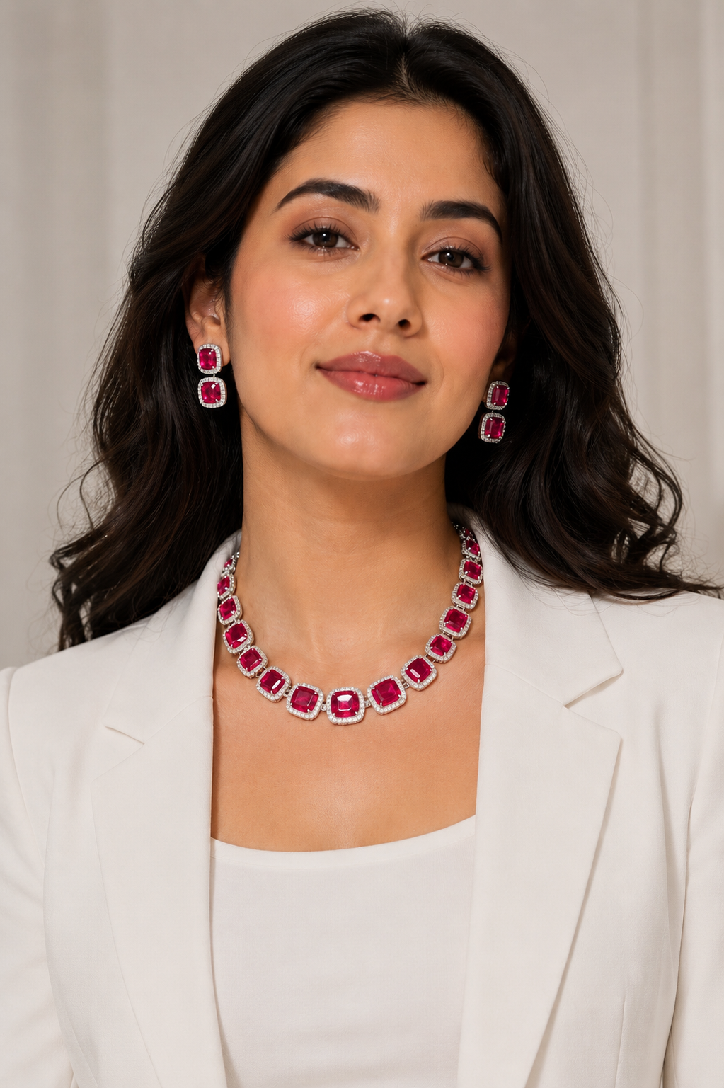 Radiant Ruby-Pink Crystal Necklace & Earrings Set