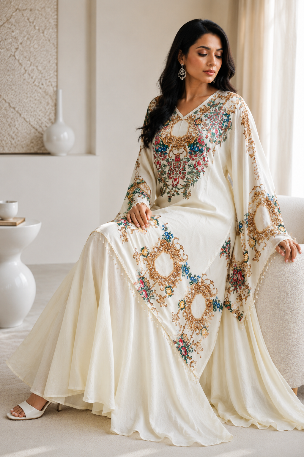 Silk-Touch Kaftan with Cotton Sharara