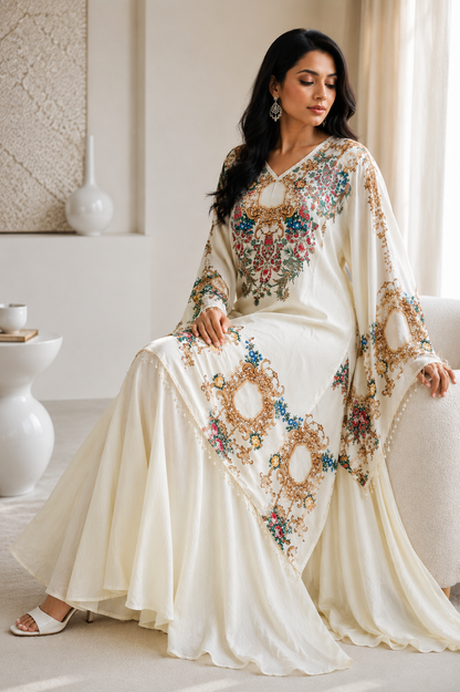 Silk-Touch Kaftan with Cotton Sharara