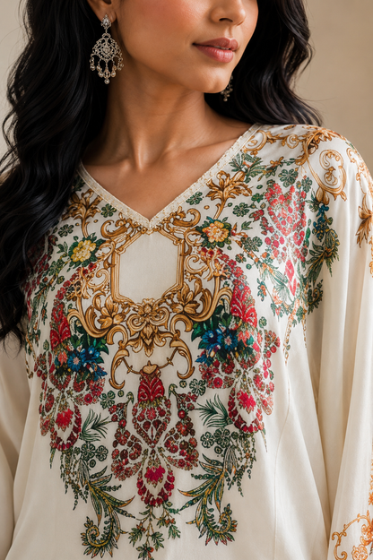 Silk-Touch Kaftan with Cotton Sharara