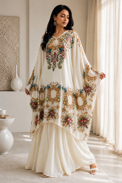 Silk-Touch Kaftan with Cotton Sharara