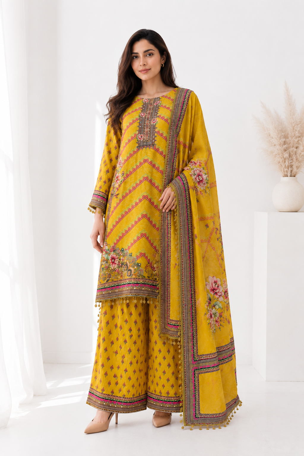 Mustard Printed Suit Set – 3 Piece Crepe Silk Touch