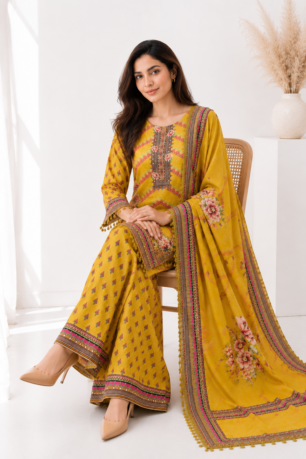 Mustard Printed Suit Set – 3 Piece Crepe Silk Touch
