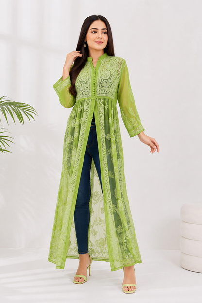 Handcrafted Chikankari Front Cut Kurti in Pistachio Green