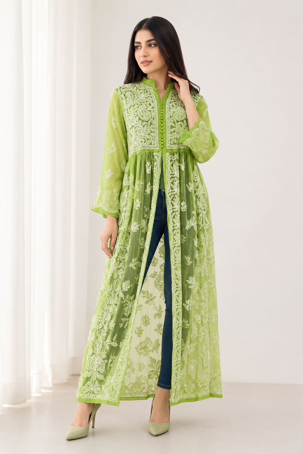Handcrafted Chikankari Front Cut Kurti in Pistachio Green