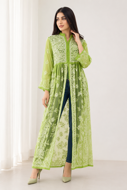 Handcrafted Chikankari Front Cut Kurti in Pistachio Green