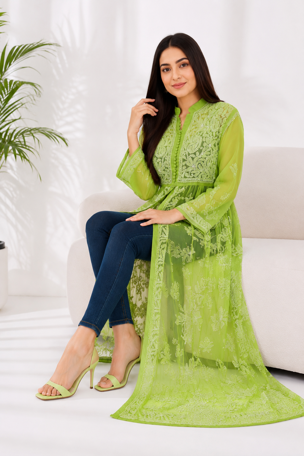Handcrafted Chikankari Front Cut Kurti in Pistachio Green