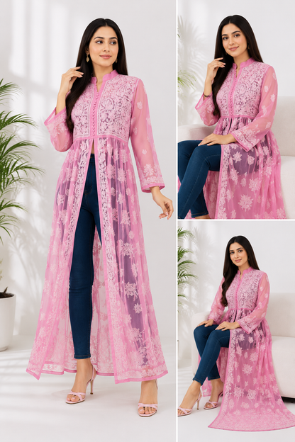 Handcrafted Chikankari Front Cut Kurti in Soft Baby Pink