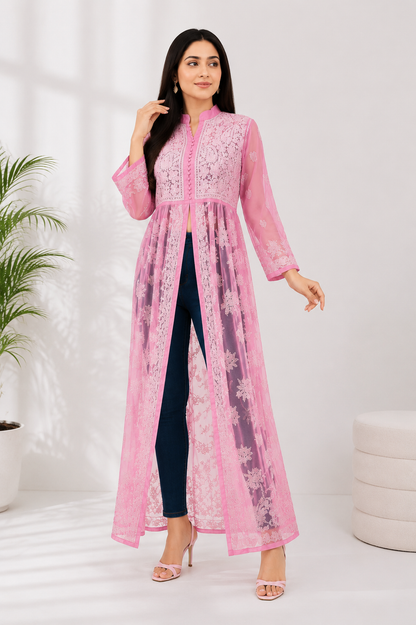 Handcrafted Chikankari Front Cut Kurti in Soft Baby Pink
