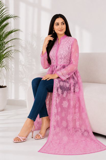 Handcrafted Chikankari Front Cut Kurti in Soft Baby Pink
