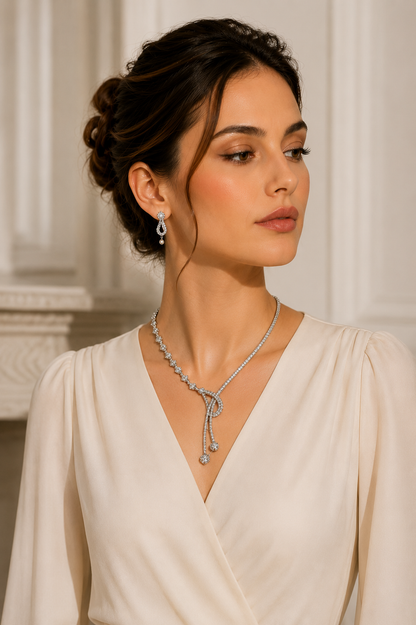 Silver-Toned Crystal Knot Necklace Set – Elegant Necklace & Earring Combo