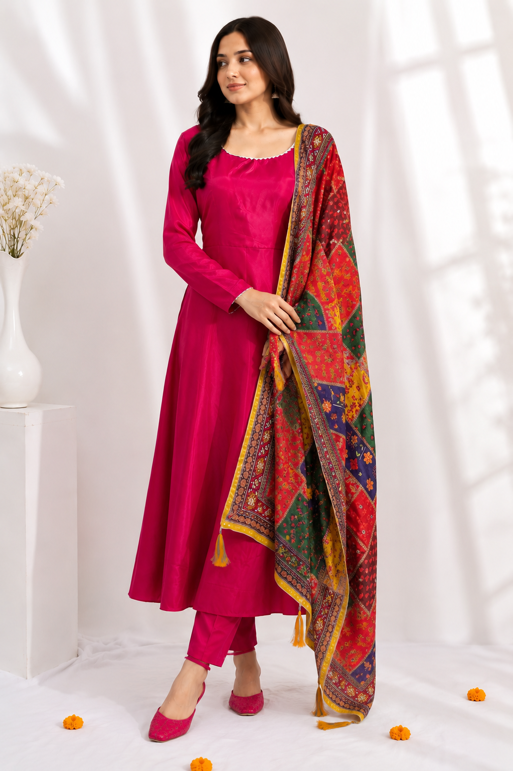 Elegant Ethnic 3-Piece – Satin Top, Fully Stitched Bottom & Mirror-Work Dupatta