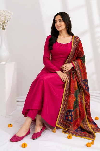 Elegant Ethnic 3-Piece – Satin Top, Fully Stitched Bottom & Mirror-Work Dupatta