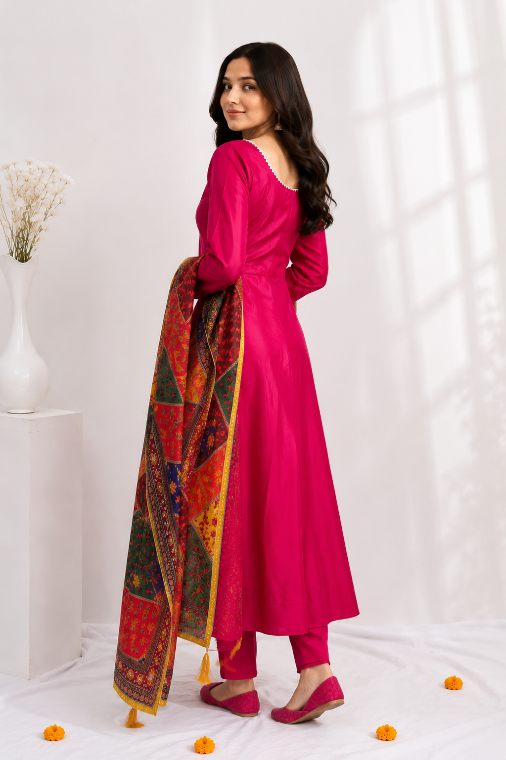 Elegant Ethnic 3-Piece – Satin Top, Fully Stitched Bottom & Mirror-Work Dupatta