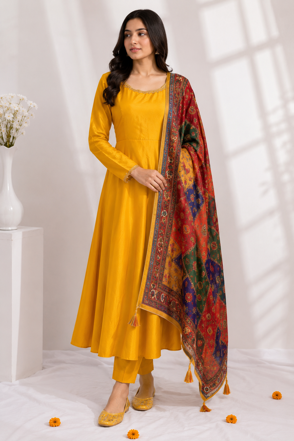Elegant Ethnic 3-Piece – Satin Top, Fully Stitched Bottom & Mirror-Work Dupatta