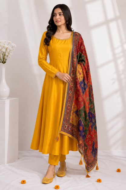 Elegant Ethnic 3-Piece – Satin Top, Fully Stitched Bottom & Mirror-Work Dupatta