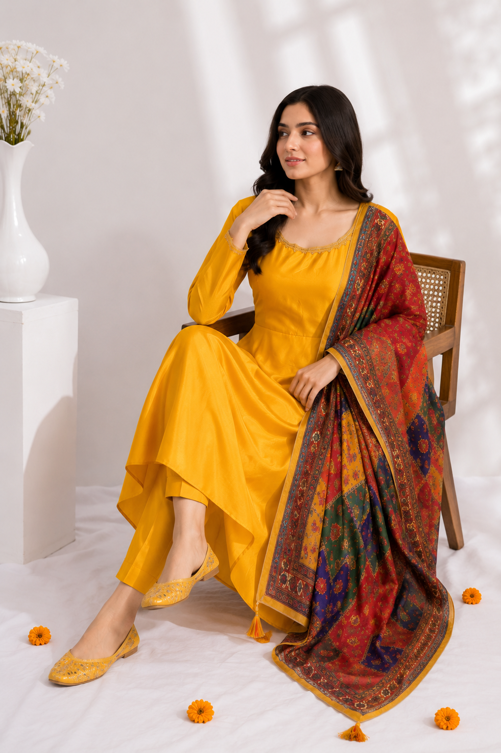Elegant Ethnic 3-Piece – Satin Top, Fully Stitched Bottom & Mirror-Work Dupatta