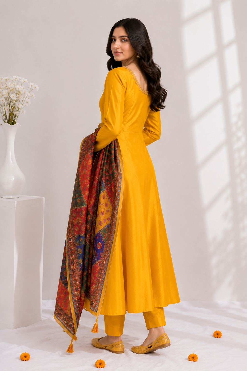 Elegant Ethnic 3-Piece – Satin Top, Fully Stitched Bottom & Mirror-Work Dupatta