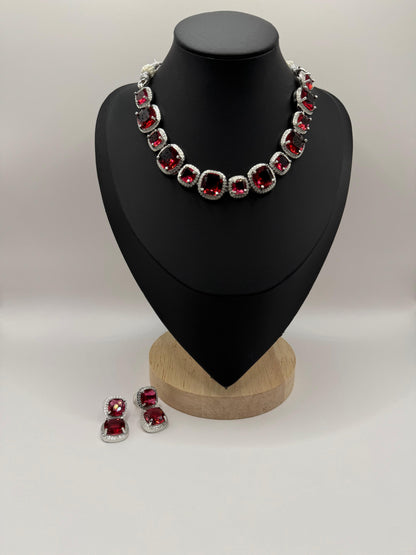 Radiant Ruby-Pink Crystal Necklace & Earrings Set