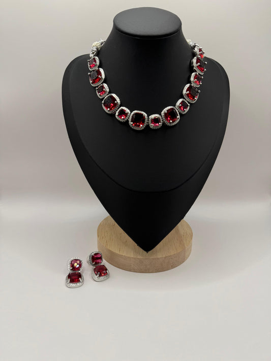 Radiant Ruby-Pink Crystal Necklace & Earrings Set