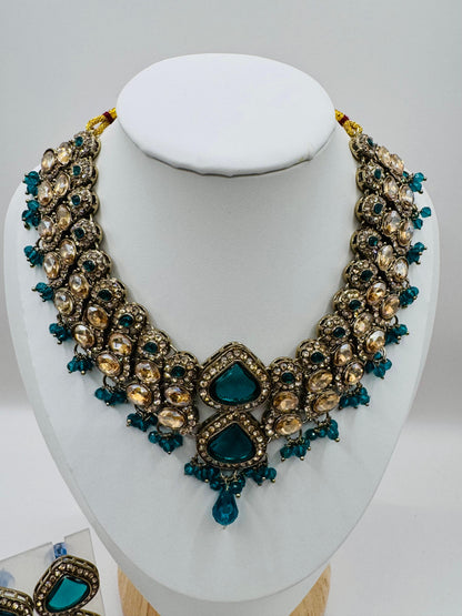 Antique Gold Kundan Necklace Set with Teal Stones