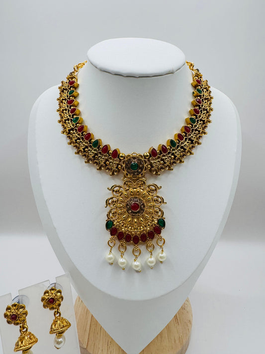 Golden Pearl Drop Necklace Set with Earrings – Wedding & Festive Jewelry