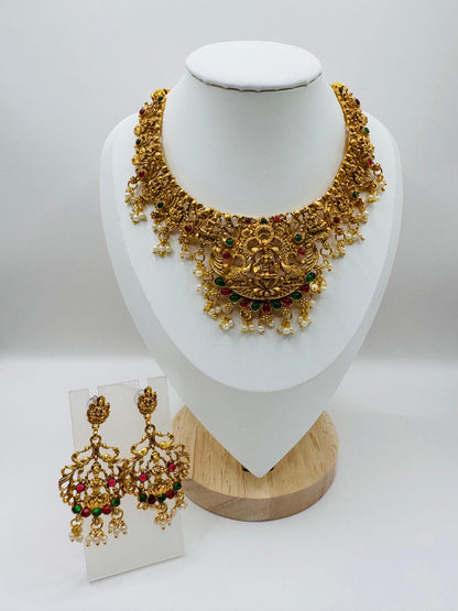 Goddess-Inspired Golden Pearl & Multistone Necklace Set with Earrings