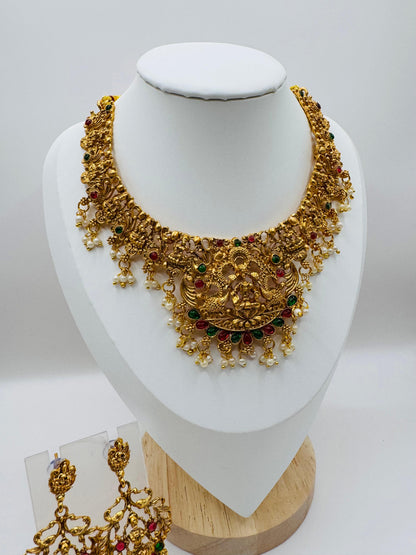 Goddess-Inspired Golden Pearl & Multistone Necklace Set with Earrings