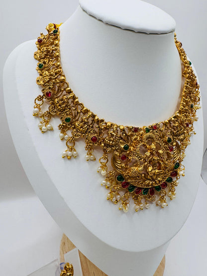 Goddess-Inspired Golden Pearl & Multistone Necklace Set with Earrings