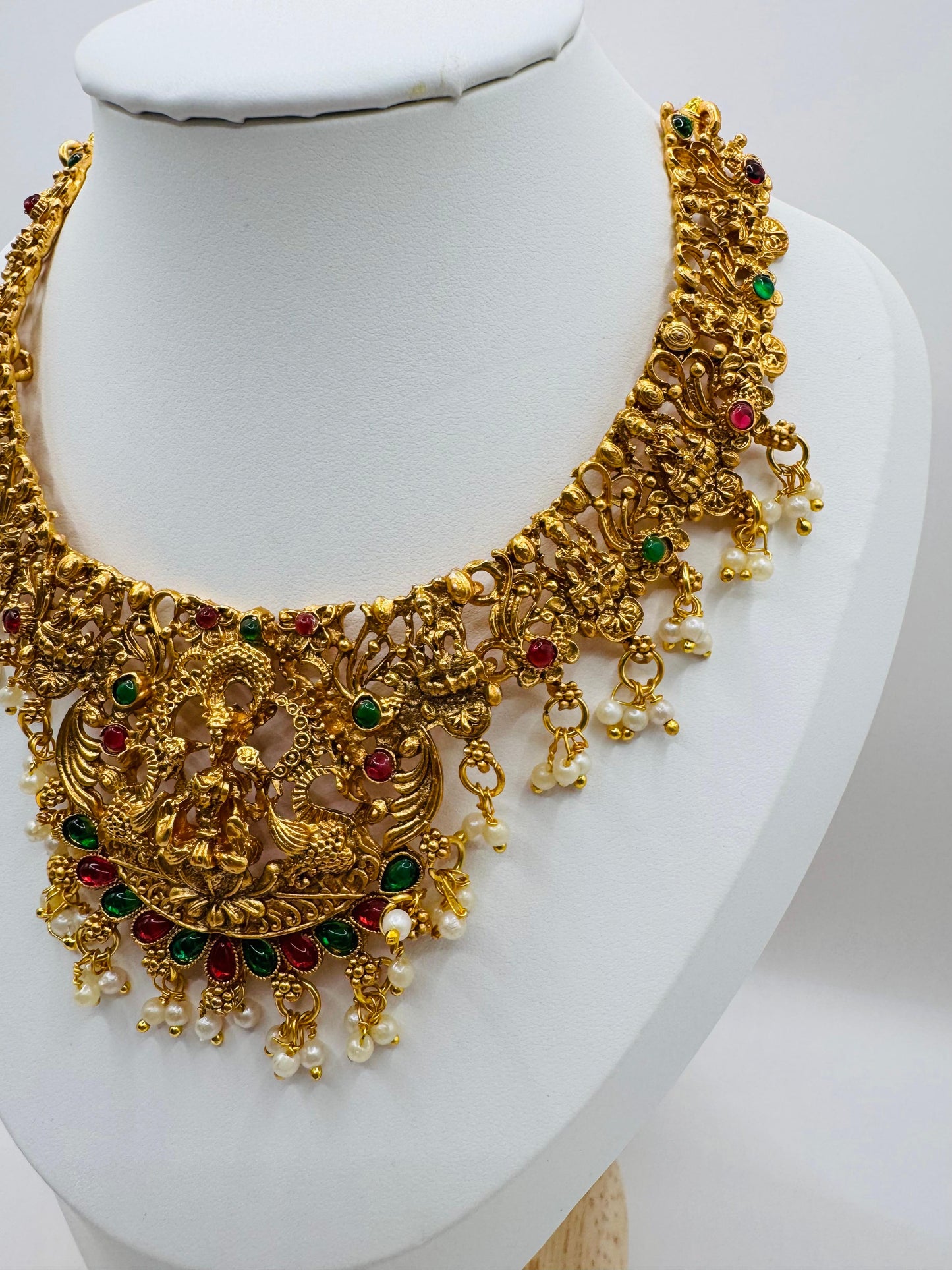 Goddess-Inspired Golden Pearl & Multistone Necklace Set with Earrings