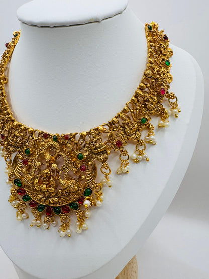 Goddess-Inspired Golden Pearl & Multistone Necklace Set with Earrings