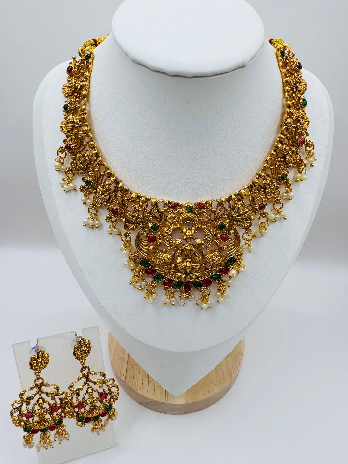 Goddess-Inspired Golden Pearl & Multistone Necklace Set with Earrings