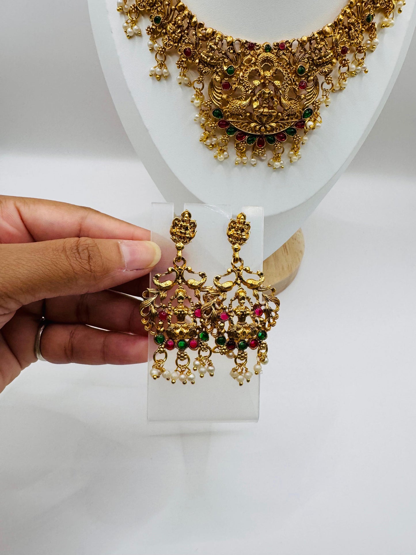 Goddess-Inspired Golden Pearl & Multistone Necklace Set with Earrings