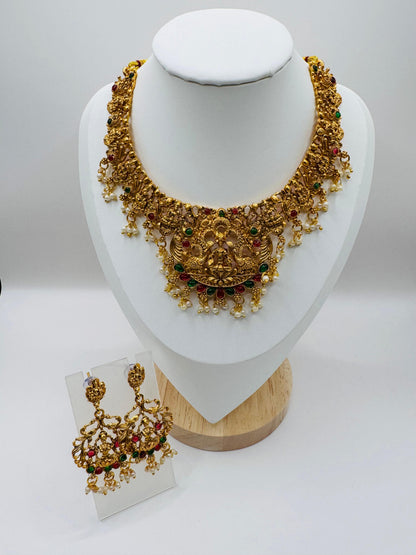 Goddess-Inspired Golden Pearl & Multistone Necklace Set with Earrings