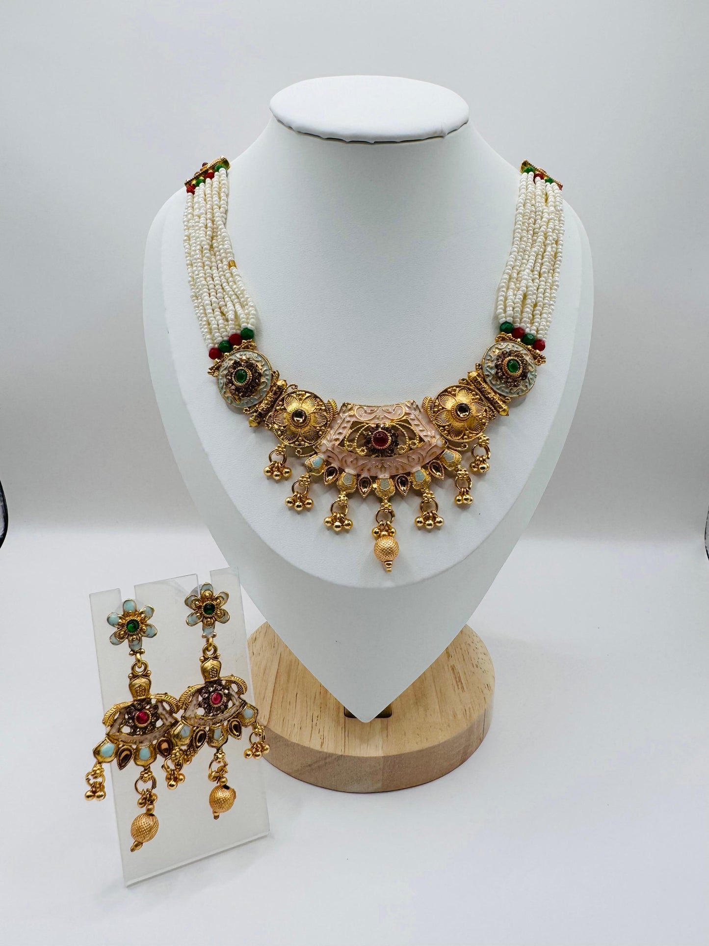 Golden Plated White Moti Multi-Stone Strand Necklace Set with Earrings